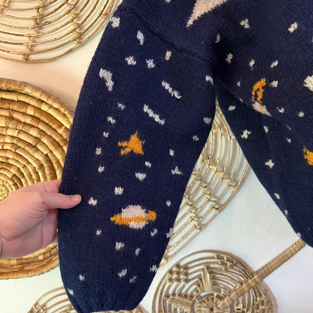 Vintage Apparenza Navy Blue 100% Wool Handknit Moon Star Celestial Sweater M - Picture 3 of 9